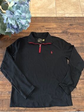 Polo by Ralph Lauren Black Quarter-Zip Long Sleeve Shirt with Red Details